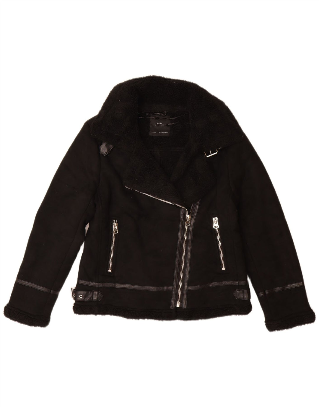 ZARA Γυναικείο Sherpa Biker Jacket UK 12 Medium Black Polyester