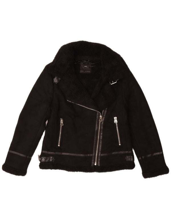 ZARA Γυναικείο Sherpa Biker Jacket UK 12 Medium Black Polyester