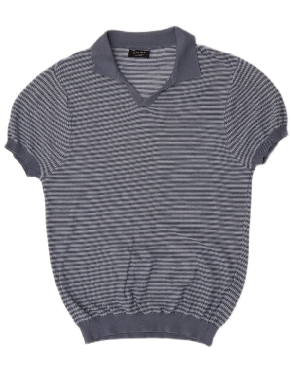 Zara Ανδρικό πουλόβερ με κοντό μανίκι polo λαιμόκοψη μεγάλο μπλε ριγέ