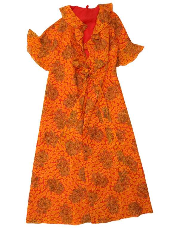 Vintage μάξι γυναικεία ρόμπα UK 14 Medium Orange Floral Bohemian