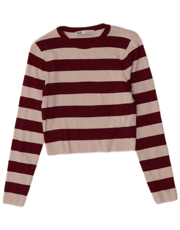 Zara γυναικεία μπλούζα Crop Top UK 14 Μεγάλη Βουργουνδία ριγέ βισκόζη