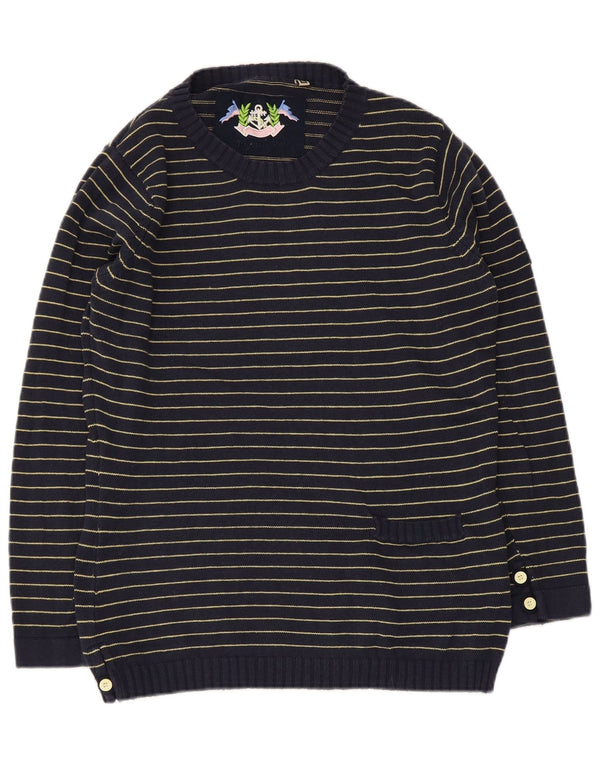 Vintage Womens Crew Neck Jumper πουλόβερ UK 14 Medium Navy Blue V ριγέ