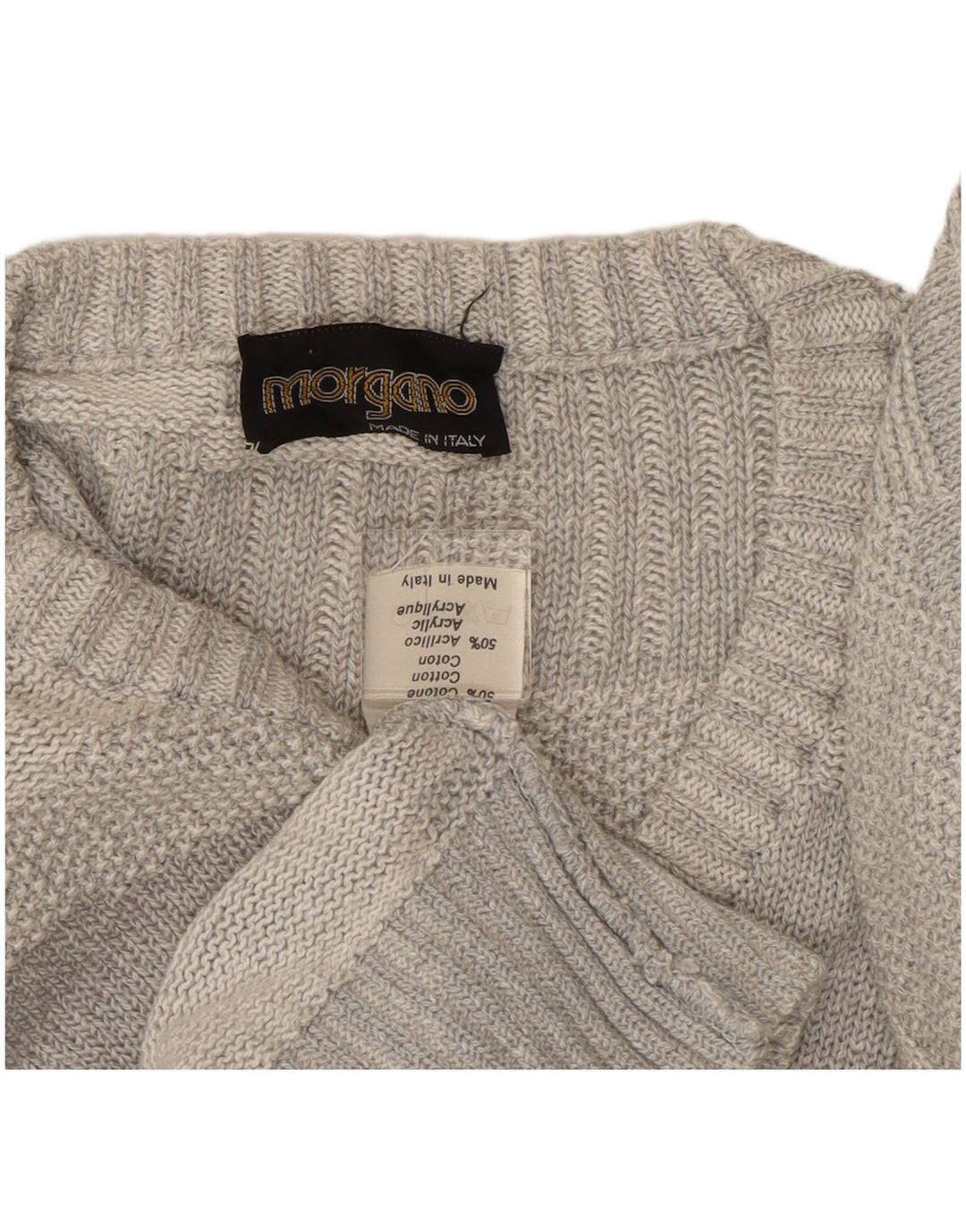 MORGANO Mens V-Neck Jumper Sweater Large Grey Geometric Cotton