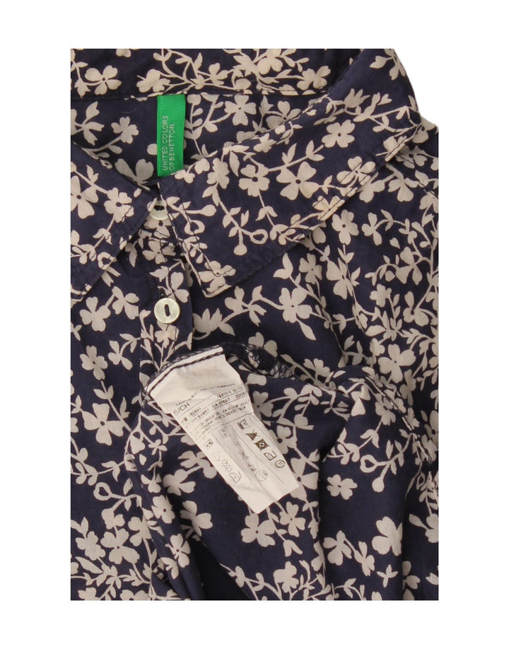 BENETTON Γυναικείο πουκάμισο Oversized UK 10 Small Navy Blue Floral Βαμβακερό