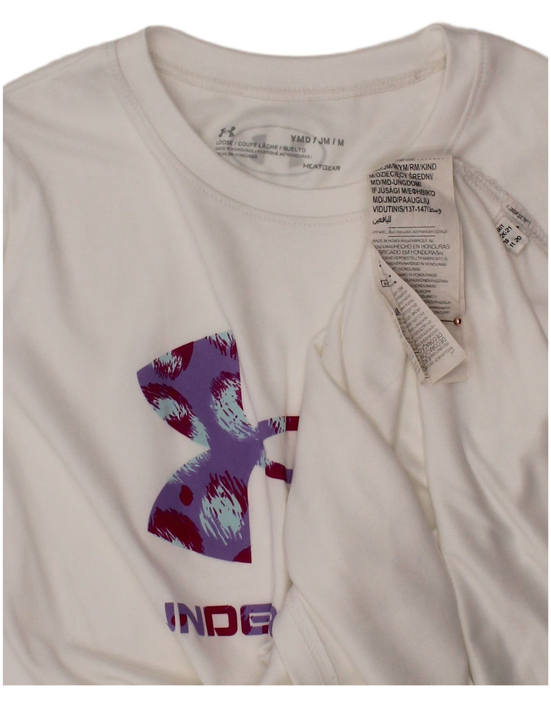 Γραφικό μπλουζάκι για κορίτσια UNDER Armor Heat Gear Top 9-10 ετών Μεσαίο λευκό