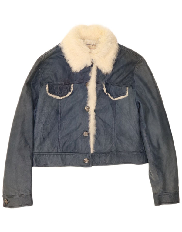 Lavorazione Artigiana Γυναικείο Crop Δερμάτινο Μπουφάν UK 12 Medium Blue