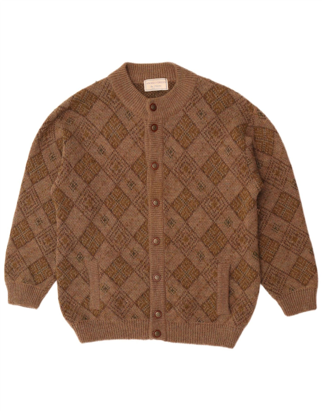 Angelo Greco Mens By Simona Cardigan Πουλόβερ Large Brown Argyle/Diamond