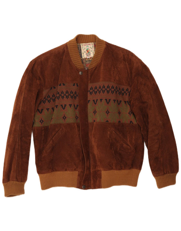 COMPAGNIE Ανδρικό Σουέντ Bomber Jacket UK 38 Medium Brown Fair Isle