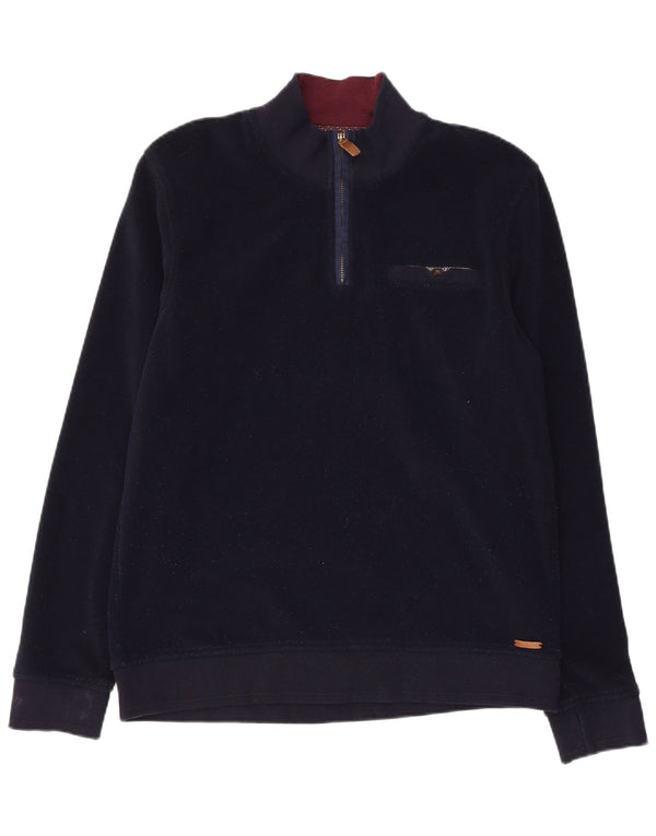 TED BAKER Mens Zip Neck Fleece Jumper Size 4 Large Navy Blue Polyester