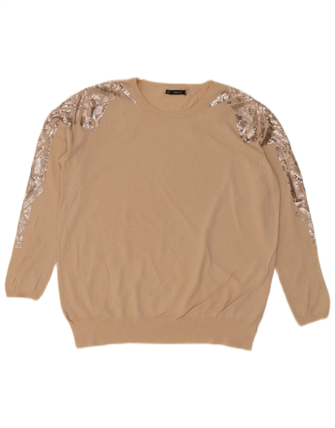 Zara Γυναικείο πουλόβερ με λαιμόκοψη UK 14 Medium Beige γεωμετρικό