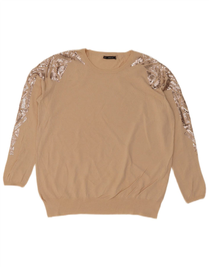 Zara Γυναικείο πουλόβερ με λαιμόκοψη UK 14 Medium Beige γεωμετρικό