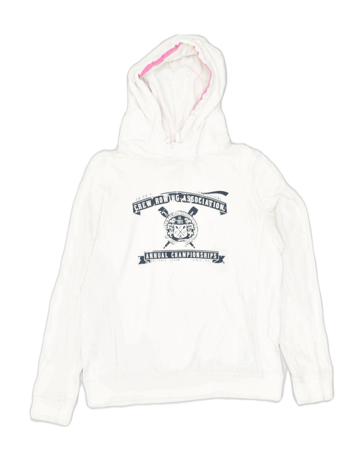 CREW CLOTHING Womens Graphic Hoodie Jumper UK 10 Small White Cotton | Vintage Crew Clothing | Thrift | Second-Hand Crew Clothing | Used Clothing | Messina Hembry 
