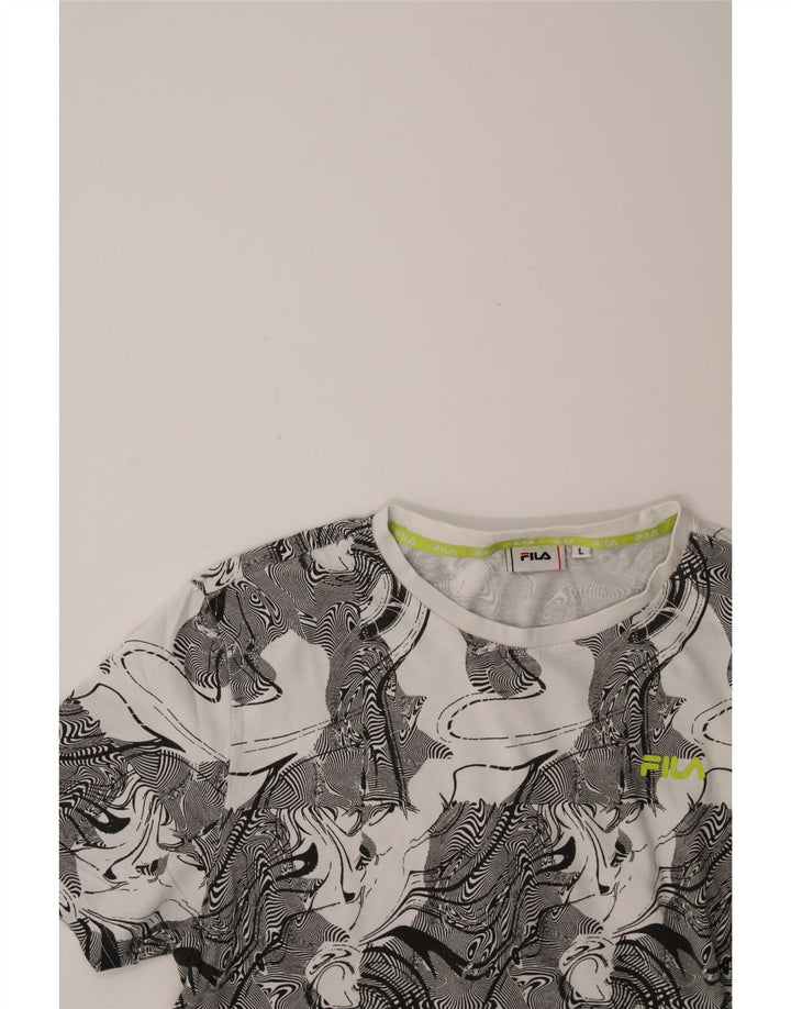 FILA Womens Abstract Pattern Graphic T-Shirt Top UK 16 Large Grey Cotton Vintage Fila and Second-Hand Fila from Messina Hembry 