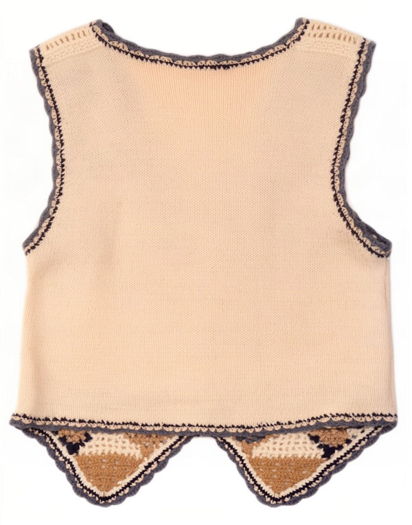 Vintage γυναικείο γιλέκο με βελονάκι UK 10 Small Off White Geometric Ramie