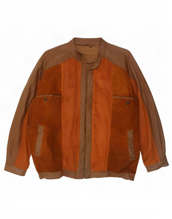 Vintage Ανδρικό Bomber Δερμάτινο Μπουφάν UK 38 Medium Brown Colourblock