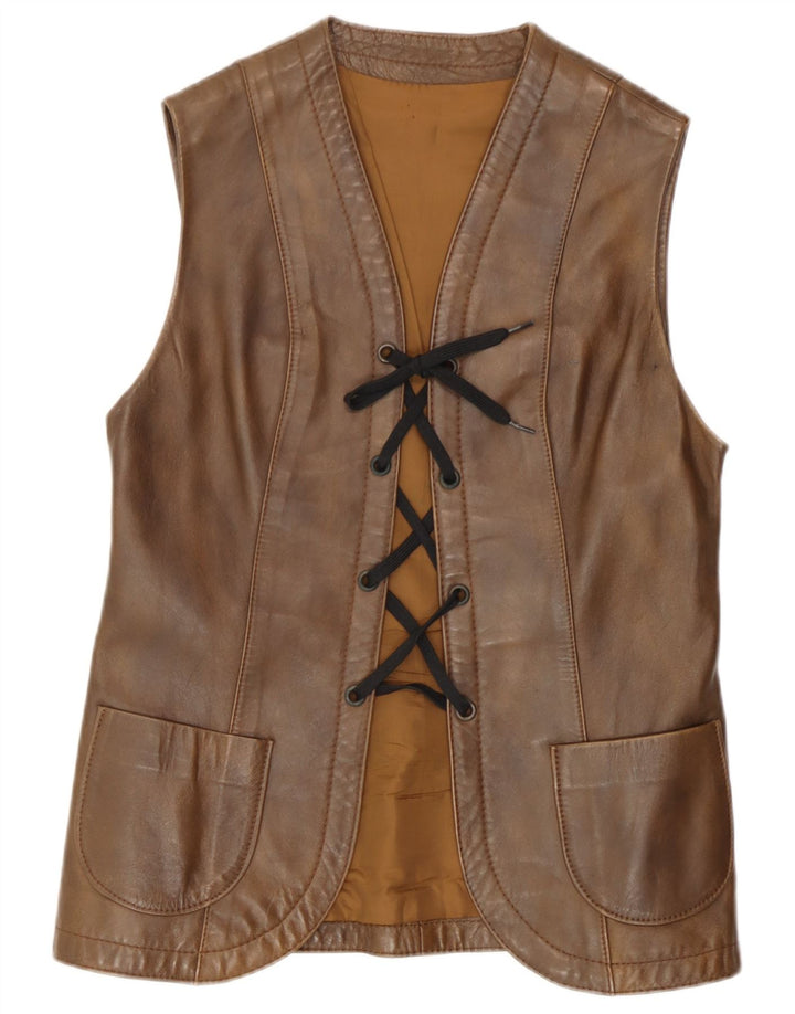 Vintage Γυναικείο Δερμάτινο Gilet UK 12 Μεσαίο Καφέ