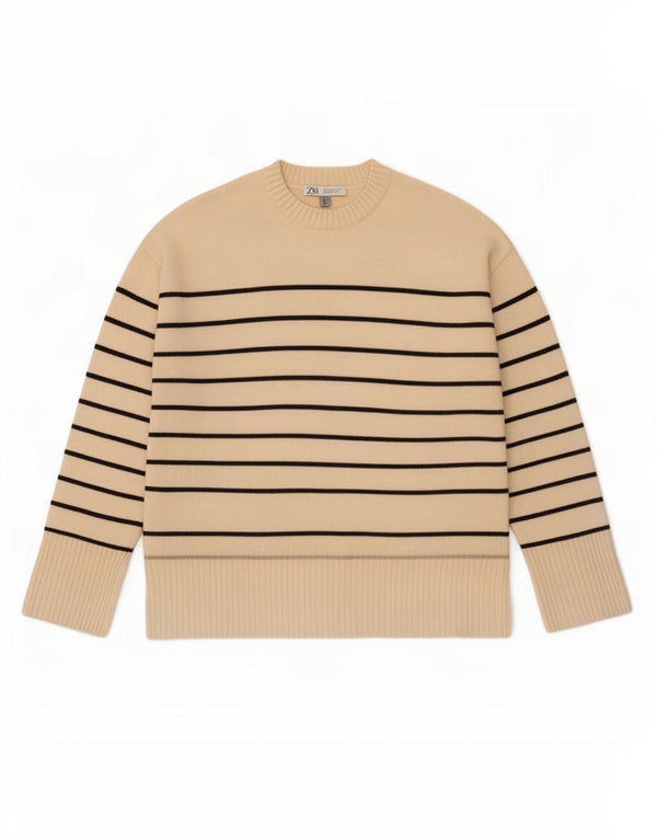 Zara γυναικείο πουλόβερ με λαιμόκοψη UK 10 Small Off White ριγέ