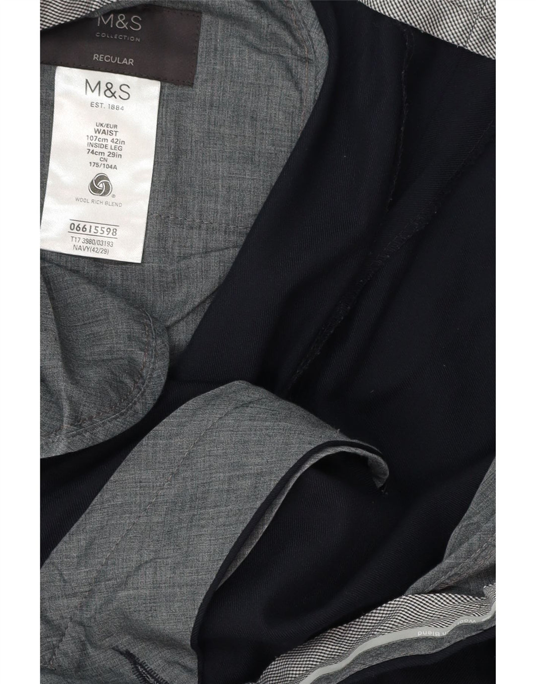 MARKS & SPENCER Ανδρικό παντελόνι με κανονική εφαρμογή W42 L29 Navy Blue Wool