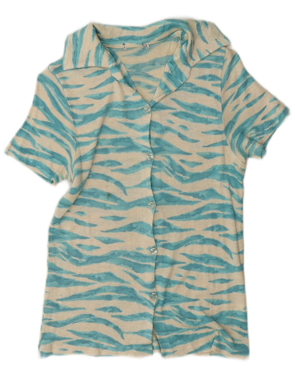 Vintage γυναικείο κοντομάνικο πουκάμισο UK 14 Medium Blue Animal Print Viscose