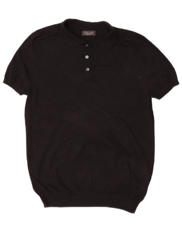 Zara Ανδρικό πουλόβερ με κοντό μανίκι polo λαιμόκοψη, μεσαία μαύρη βισκόζη