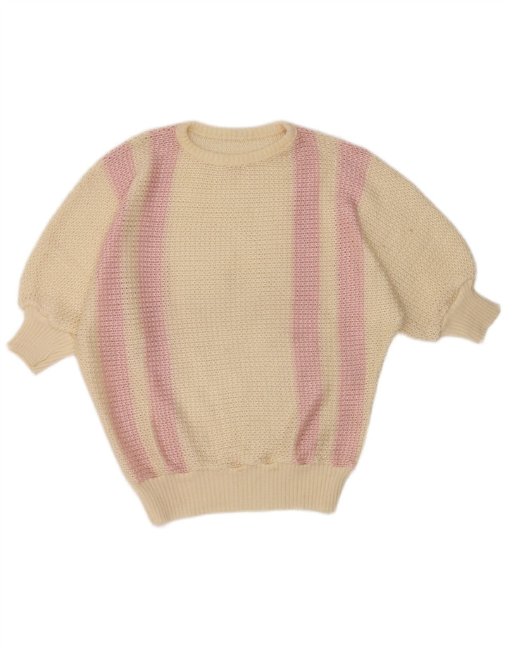 Vintage γυναικείο πουλόβερ με λαιμόκαυστο UK 14 μεγάλο σε ανοιχτό λευκό ριγέ