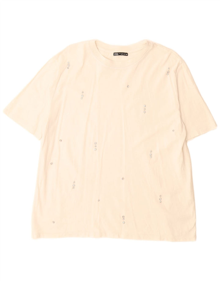Zara Γυναικείο T-Shirt Top UK 14 Μεσαίο λευκό βαμβακερό