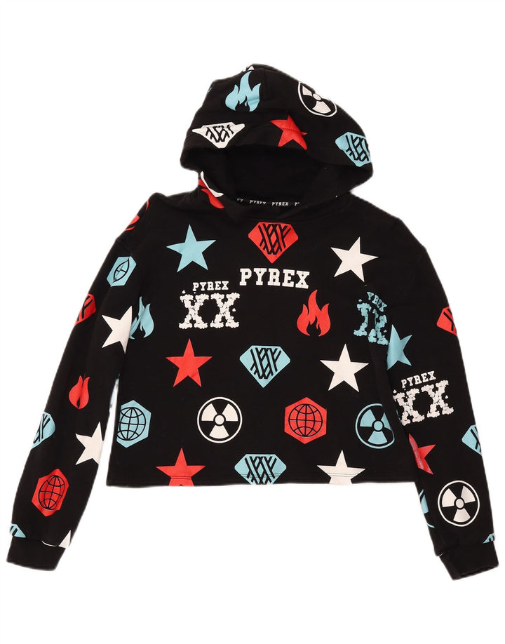 PYREX Girls Crop Graphic Hoodie Jumper 11-12 Years XL Black Geometric