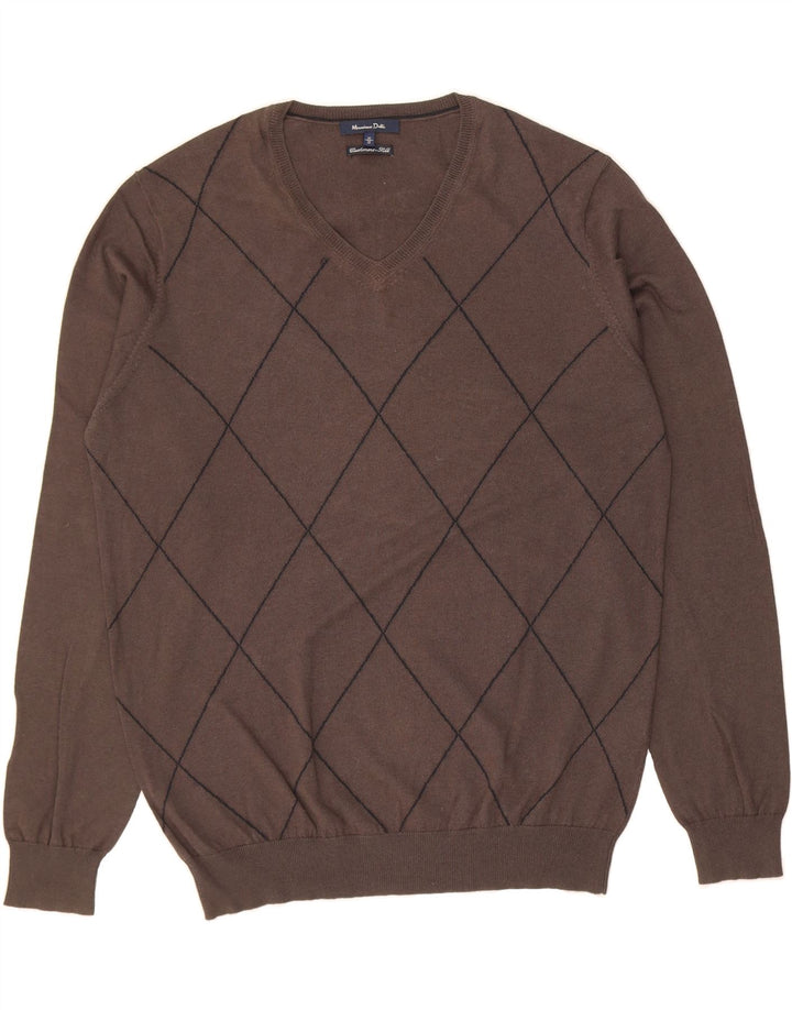 MASSIMO DUTTI Mens V-Neck Jumper Sweater UK 38 Medium Brown Argyle/Diamond Vintage Massimo Dutti and Second-Hand Massimo Dutti from Messina Hembry 