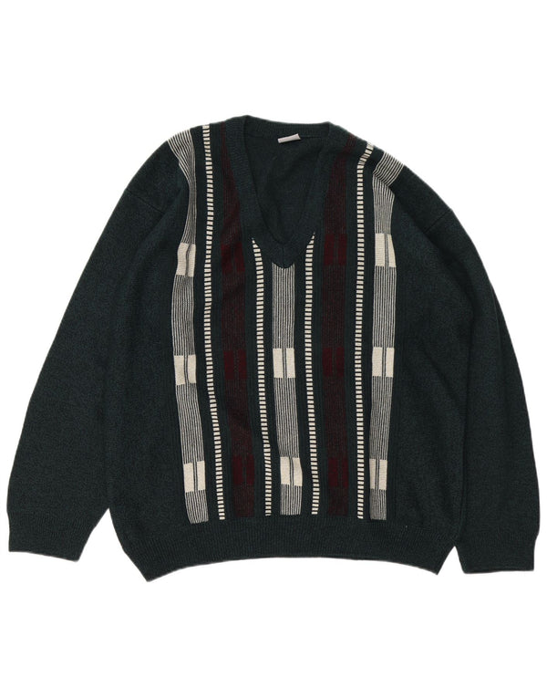 Ανδρικό πουλόβερ με λαιμόκοψη VNTAGE Μεγάλο πράσινο ριγέ ακρυλικό