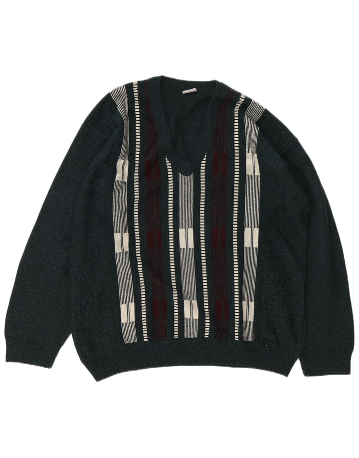 Ανδρικό πουλόβερ με λαιμόκοψη VNTAGE Μεγάλο πράσινο ριγέ ακρυλικό