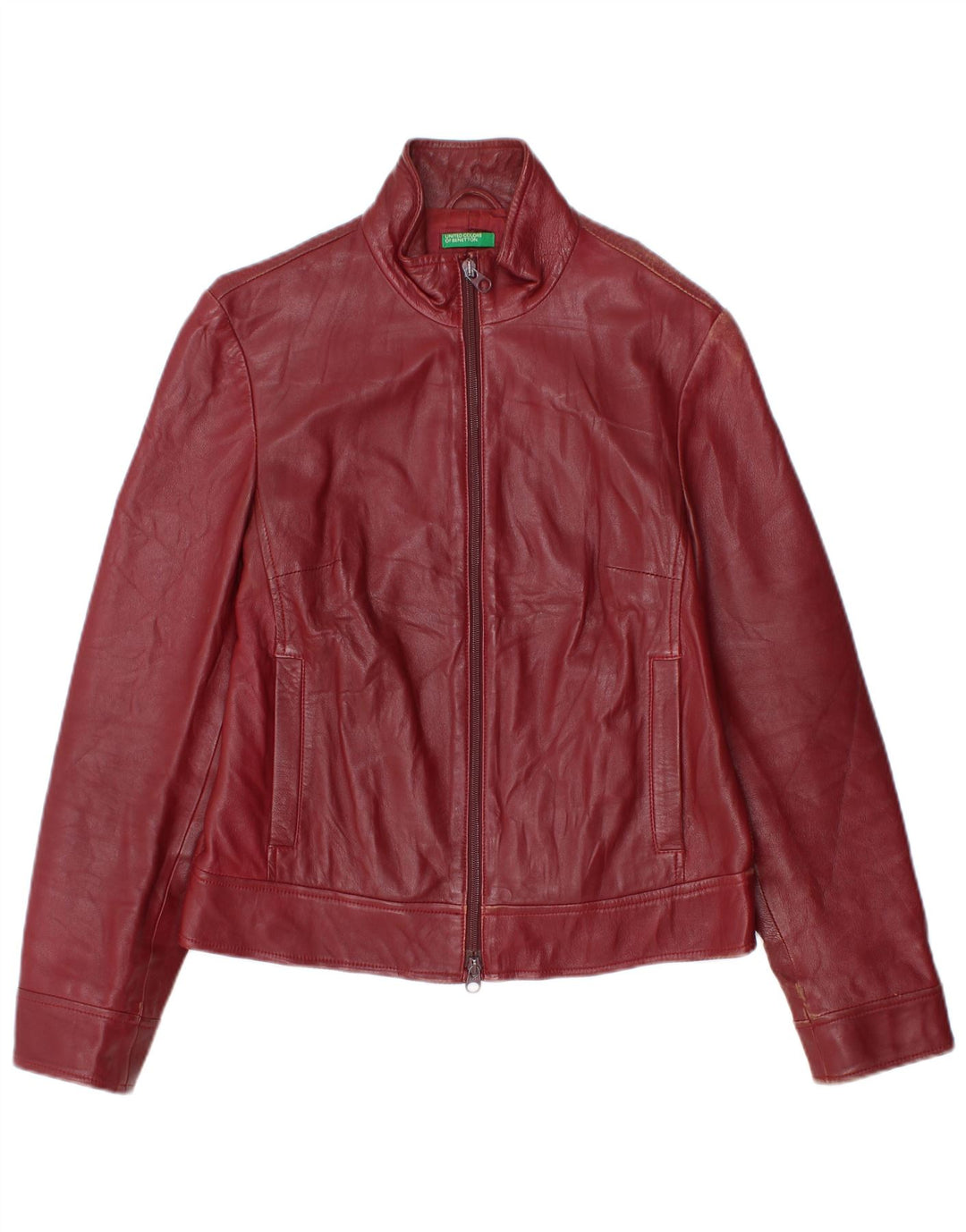 Benetton Γυναικείο Crop Δερμάτινο Μπουφάν IT 46 Large Burgundy Leather