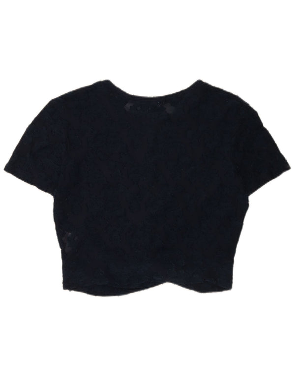Zara Γυναικεία Crop Lace Μπλούζα Τοπ UK 14 Large Navy Blue Floral Polyester
