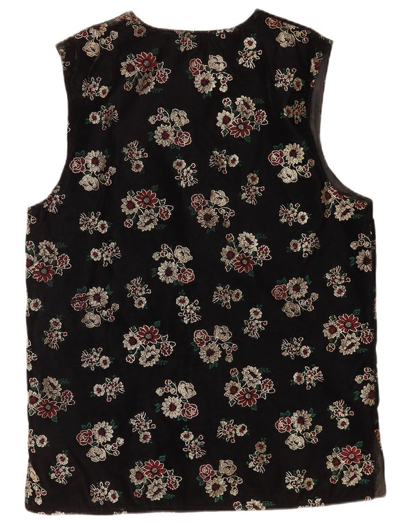 Vintage Γυναικείο Velor Gilet UK 12 Medium Black Floral Acetate