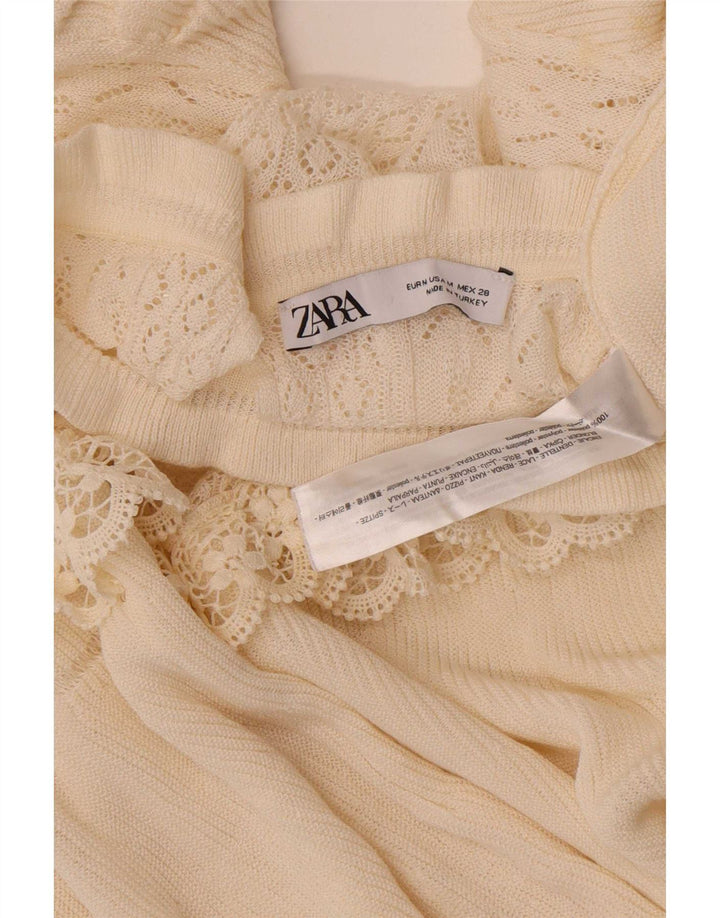 Zara γυναικεία μπλούζα με μανίκια 3/4 τοπ UK 12 Medium Off White Floral Πολυεστέρας