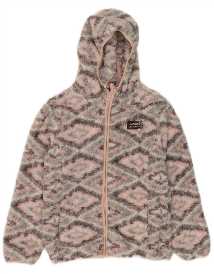 EDDIE BAUER Girls Fleece Jacket 10-11 Years Medium Grey Argyle/Diamond