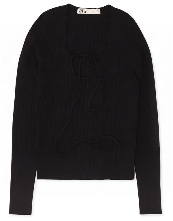 Zara Womens Crop Top Long Sleeve UK 12 Medium Black Viscose