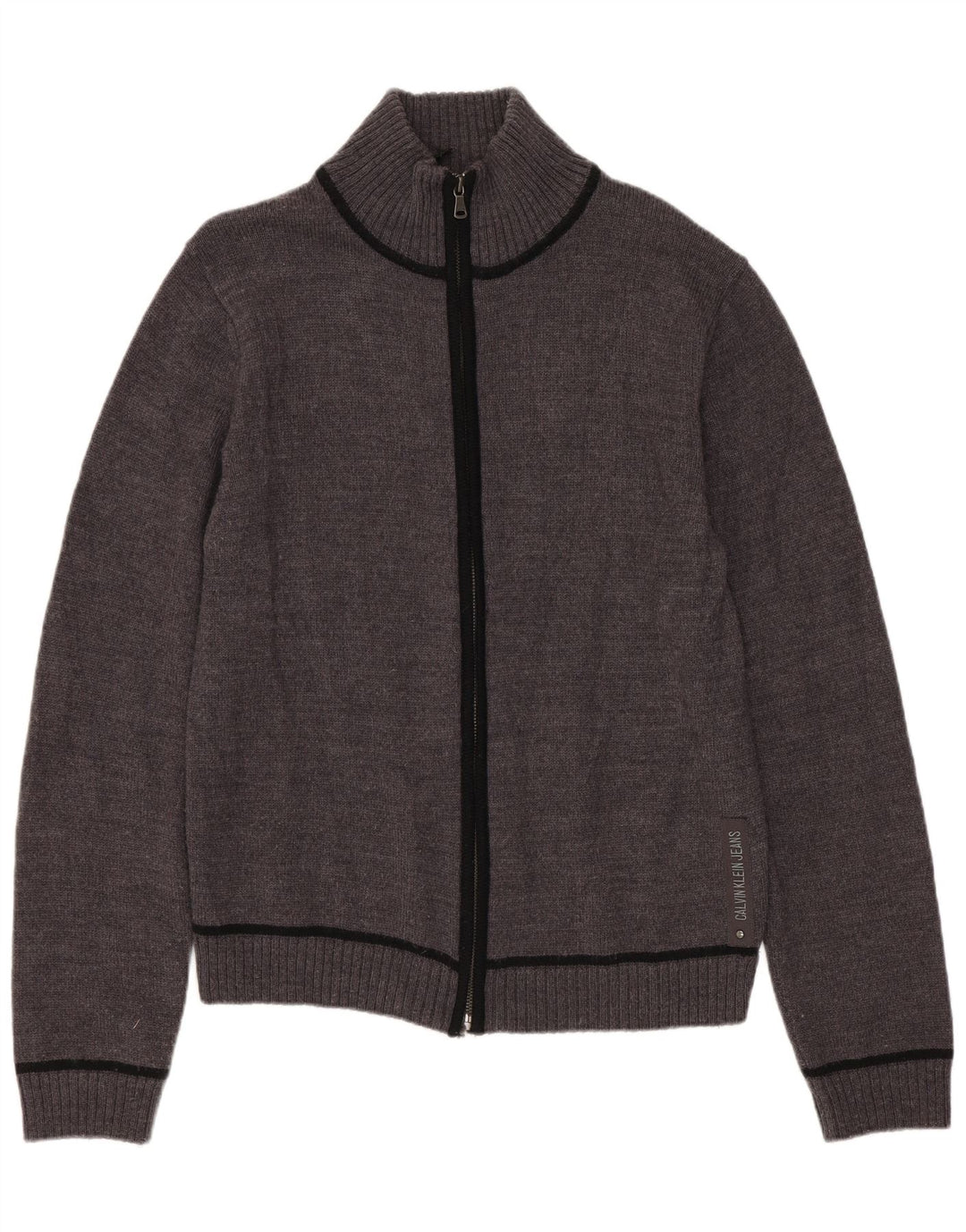 CALVIN KLEIN JEANS Γυναικείο πουλόβερ ζακέτα UK 10 Μικρό γκρι παρθένο μαλλί