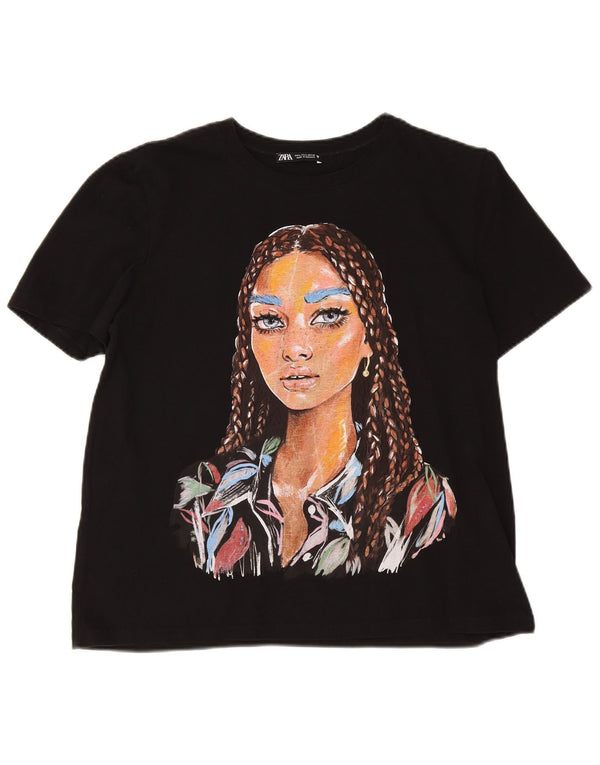 Zara Γυναικείο γραφικό T-Shirt Top UK 16 Large μαύρο βαμβακερό