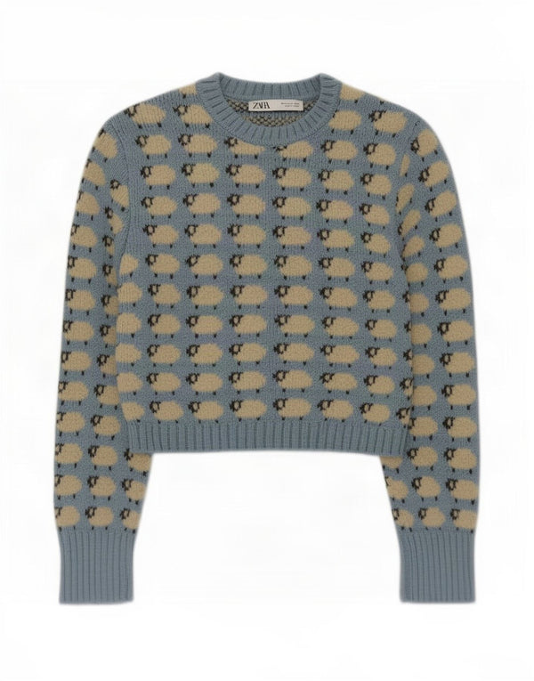 Zara Womens Crop Crew Neck Jumper Sweater UK 12 Medium Blue Animal Print