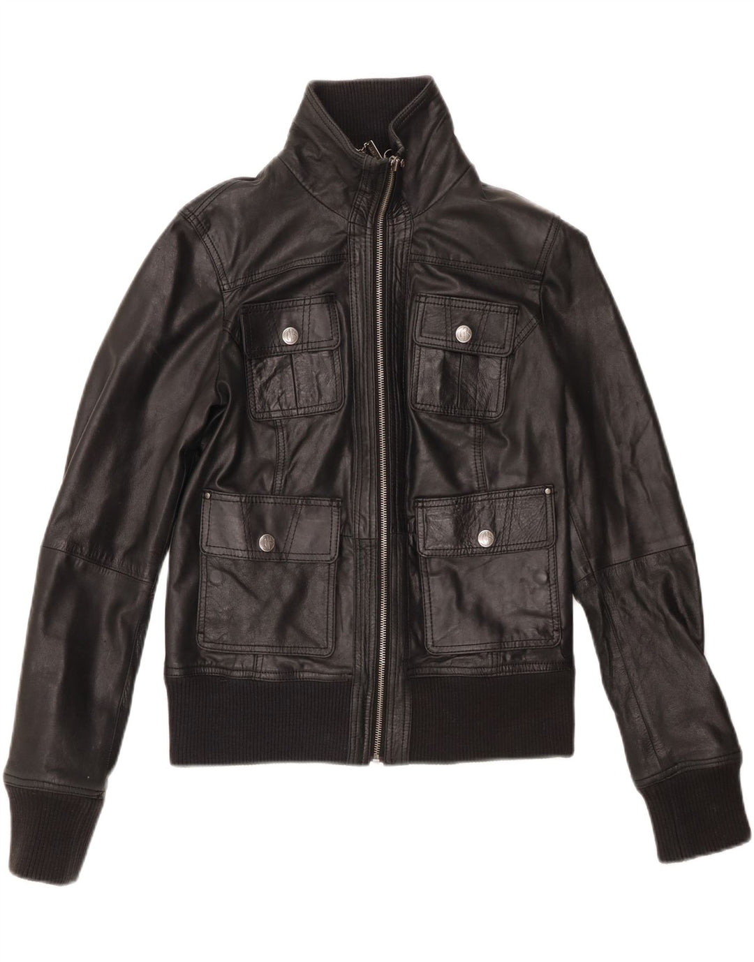 BERSHKA Γυναικείο Crop Δερμάτινο Μπουφάν UK 14 Large Μαύρο Δερμάτινο