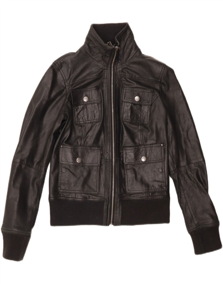 BERSHKA Γυναικείο Crop Δερμάτινο Μπουφάν UK 14 Large Μαύρο Δερμάτινο