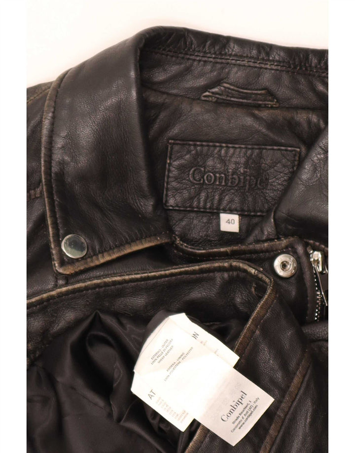 Conbipel Womens Crop Leather Biker Jacket IT 40 Small Black