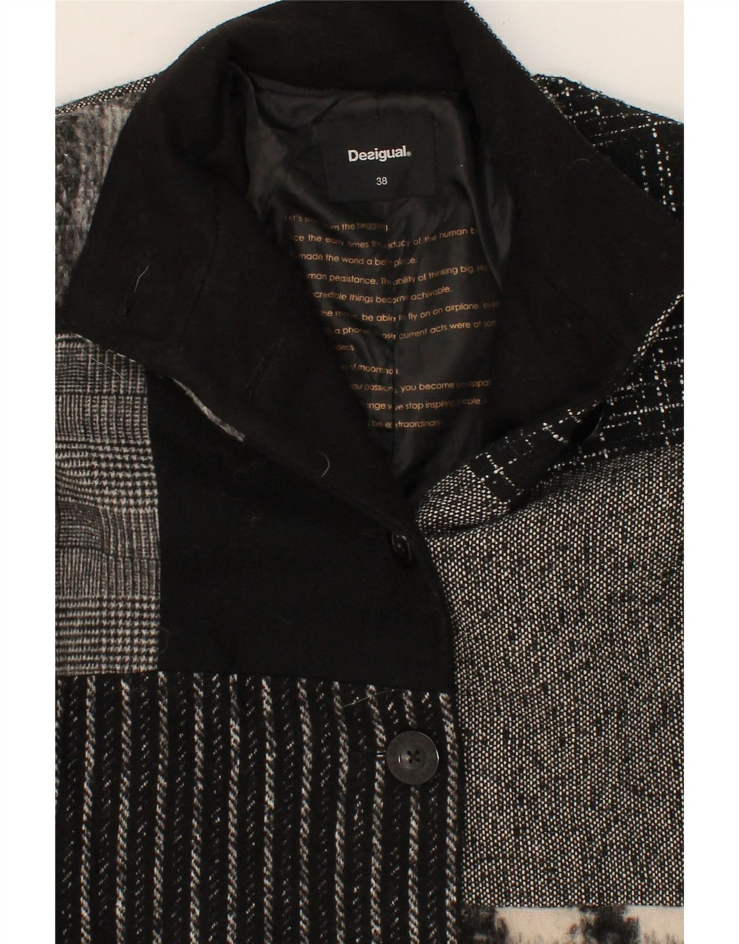 DESIGUAL Womens Overcoat EU 38 Medium Black Patchwork Polyester Vintage Desigual and Second-Hand Desigual from Messina Hembry 