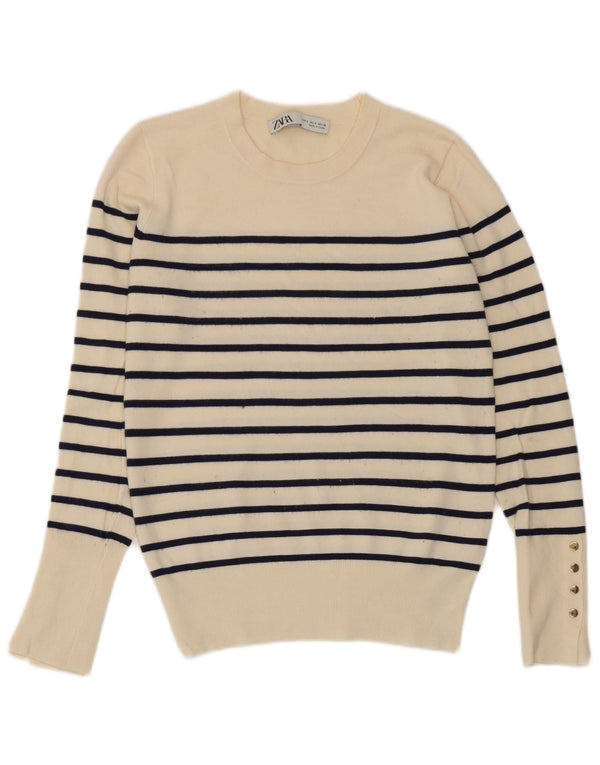 Zara γυναικείο πουλόβερ με λαιμόκοψη UK 10 Small Off White ριγέ βισκόζη