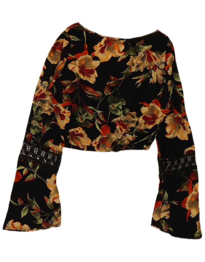 VINTAGE Γυναικείο πουκάμισο Crop Μπλούζα UK 12 Medium Black Floral Viscose