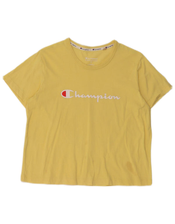 Champion Womens Crop Graphic T-Shirt Top UK 6 XS Yellow Cotton