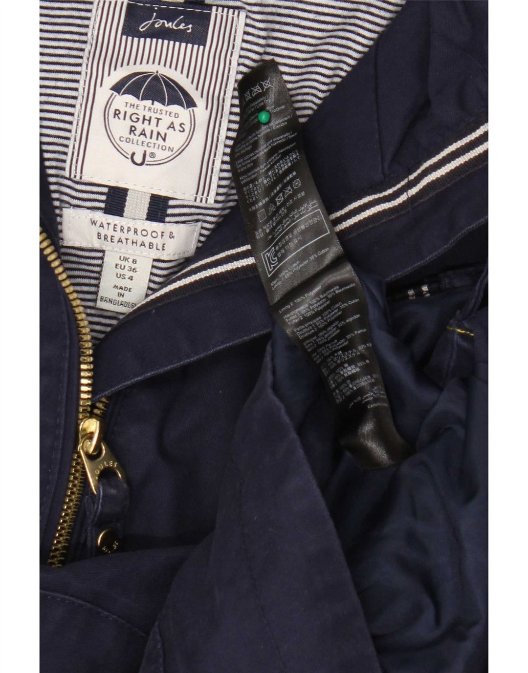 Joules Γυναικείο μπουφάν βροχής με κουκούλα UK 8 Small Navy Blue Cotton