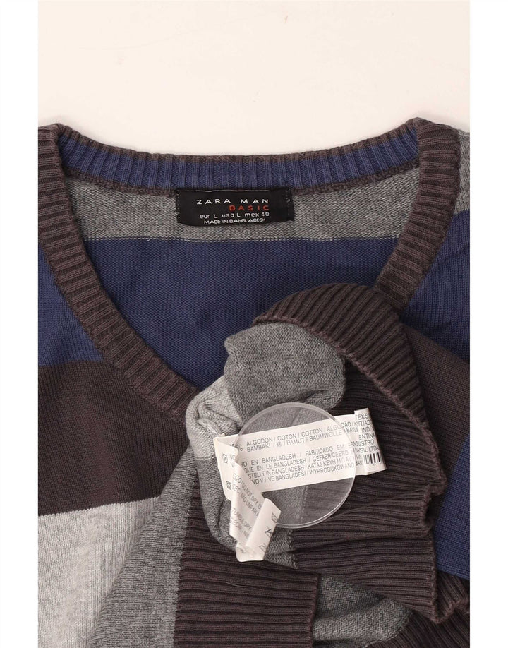Zara Ανδρικό πουλόβερ με λαιμόκοψη V-λαιμόκοψη Μεγάλο πολύχρωμο βαμβακερό ριγέ