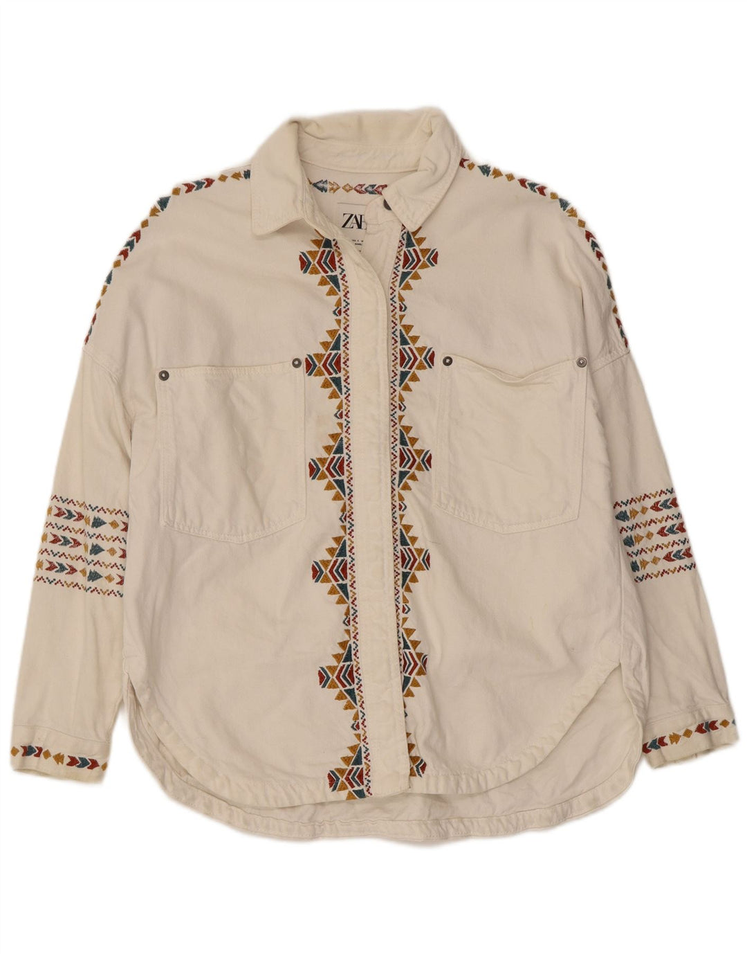 Zara Γυναικείο πουκάμισο Oversized UK 10 Small White Geometric Cotton