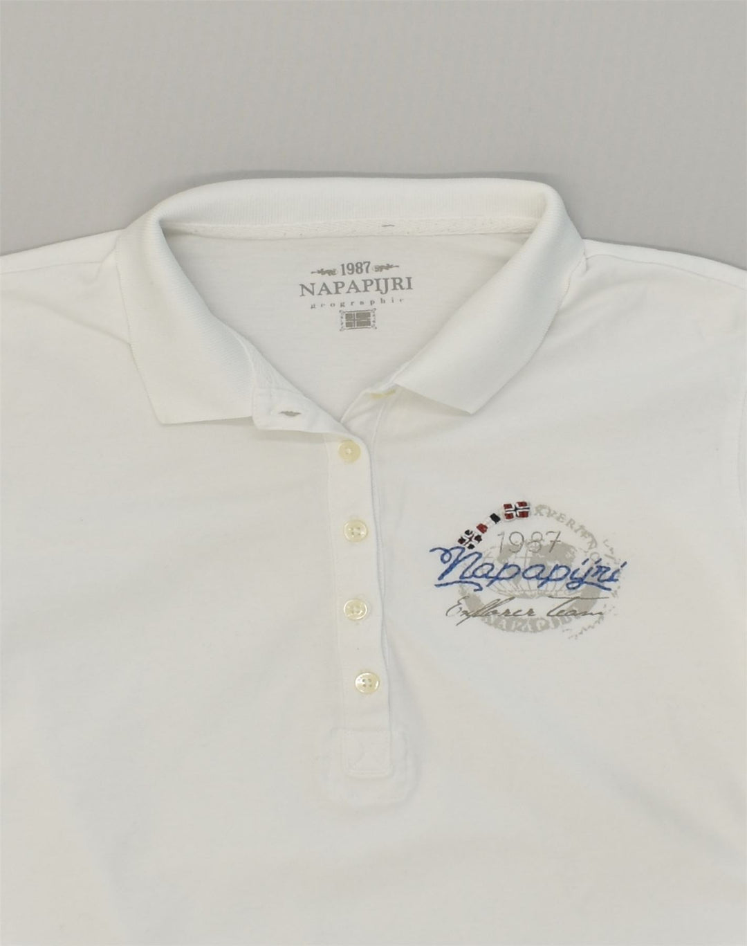 NAPAPIJRI Womens Geographic Polo Shirt UK 12 Medium White Cotton | Vintage Napapijri | Thrift | Second-Hand Napapijri | Used Clothing | Messina Hembry 